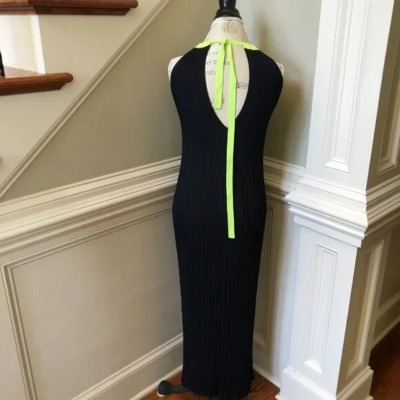 NEW Versace Pleated Maxi Gown Dress Womens 38 Small Navy Blue Halter Sleeveless